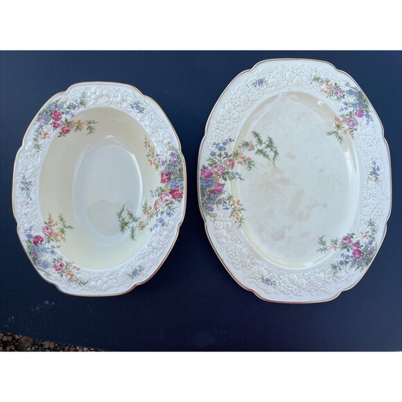 2pc England Crown Ducal Florentine ROSALIE serving Platter & Bowl Vegetable VTG - Picture 1 of 10